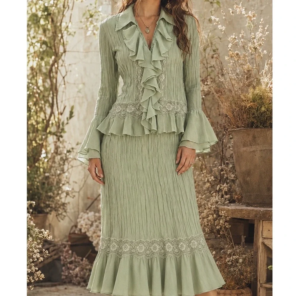 Dressbarn Sage Green Crinkle Lace Skirt Set Fairycore Cottagecore Vintage xx